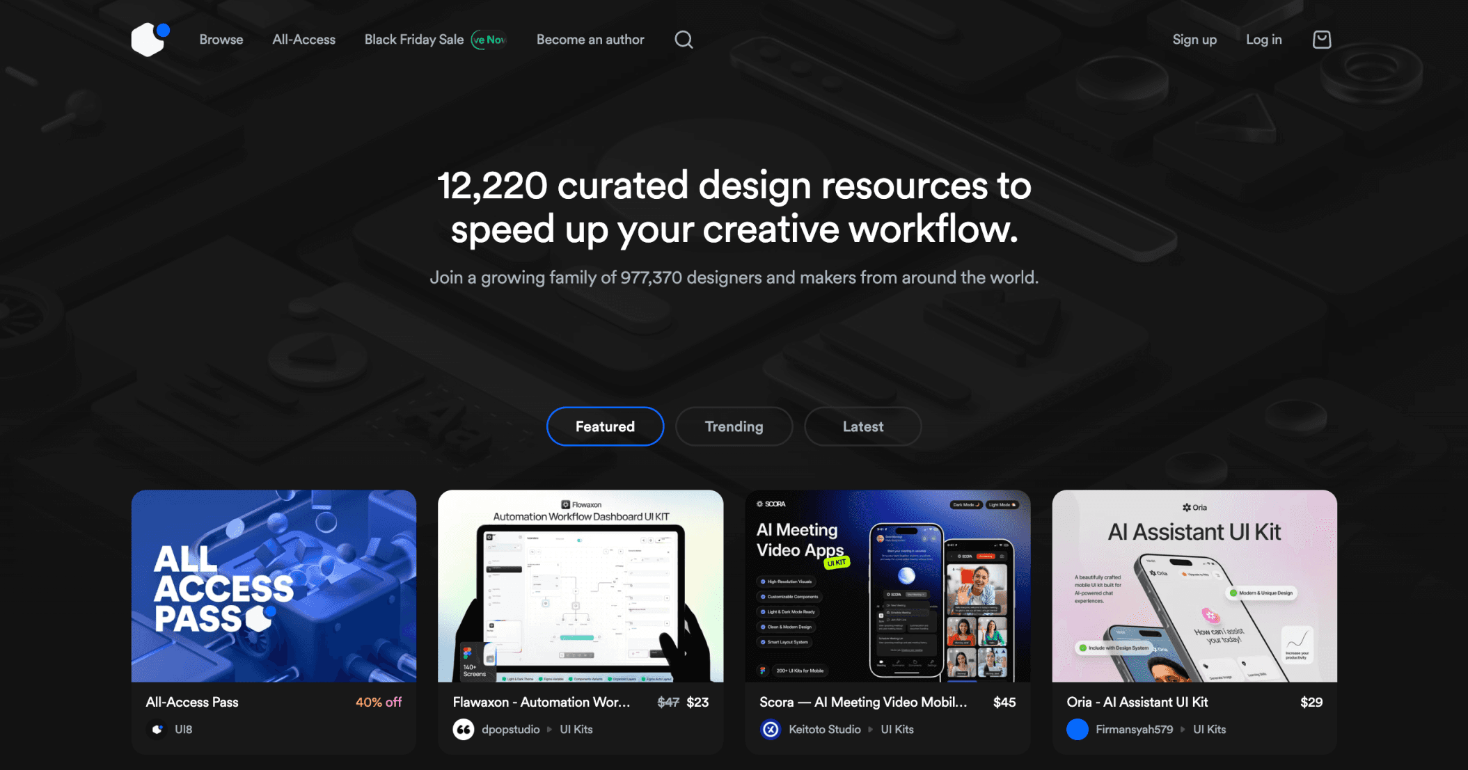 Dark-themed design marketplace homepage showing featured UI kits, all-access pass offer, and curated design resources to speed up creative workflows