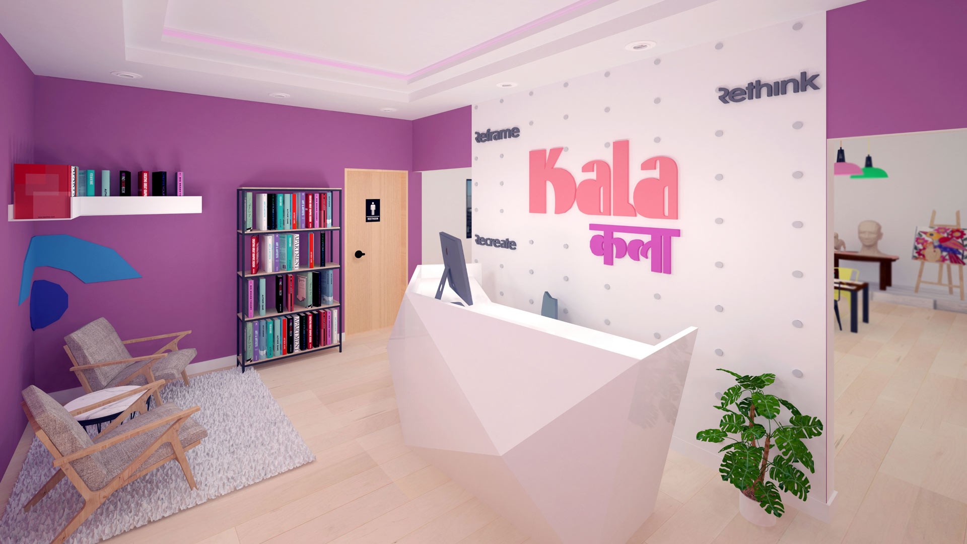 A white reception desk with a geometric, faceted design sits in a room with purple walls and a light wood floor. A sign on the wall reads “Kala” in pink and purple letters, with “zethink” written below it in black. A black bookshelf filled with colorful books is positioned to the left, and a light gray rug covers part of the floor. Two wooden chairs with woven seats are placed near the bookshelf. A potted plant with green leaves is near the reception desk. A wooden door is visible on the left wall, and a portion of an art display with colorful artwork can be seen through an open doorway on the right.