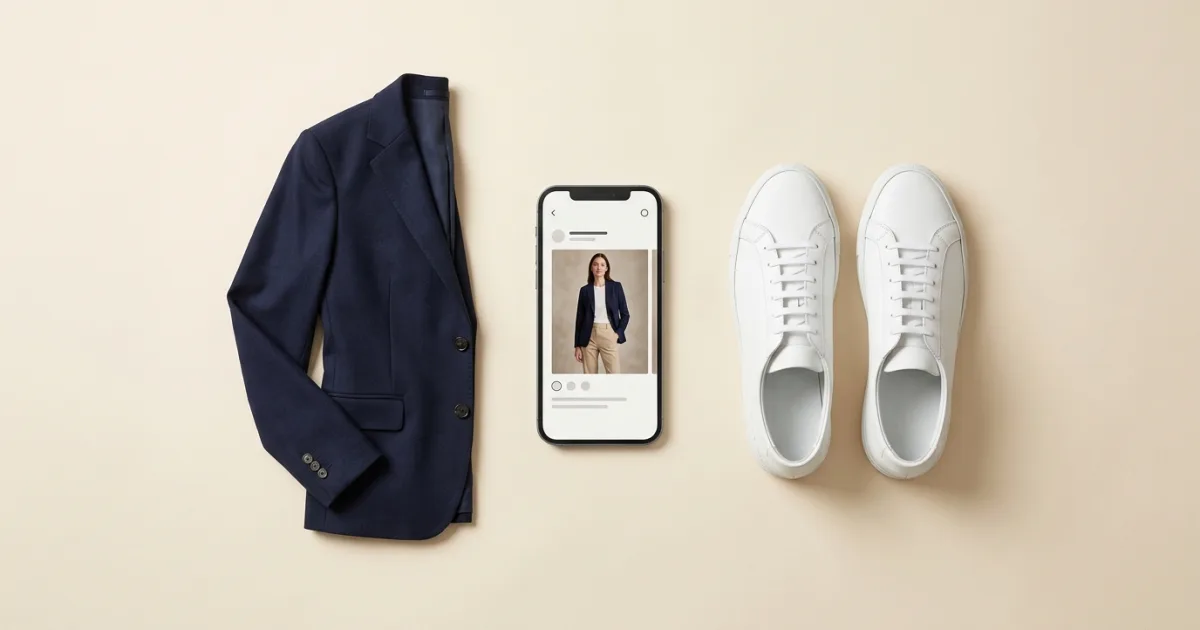 A portrait smartphone previewing a tailored navy blazer and beige trousers outfit beside a matching navy blazer and white leather sneakers on a warm ivory surface