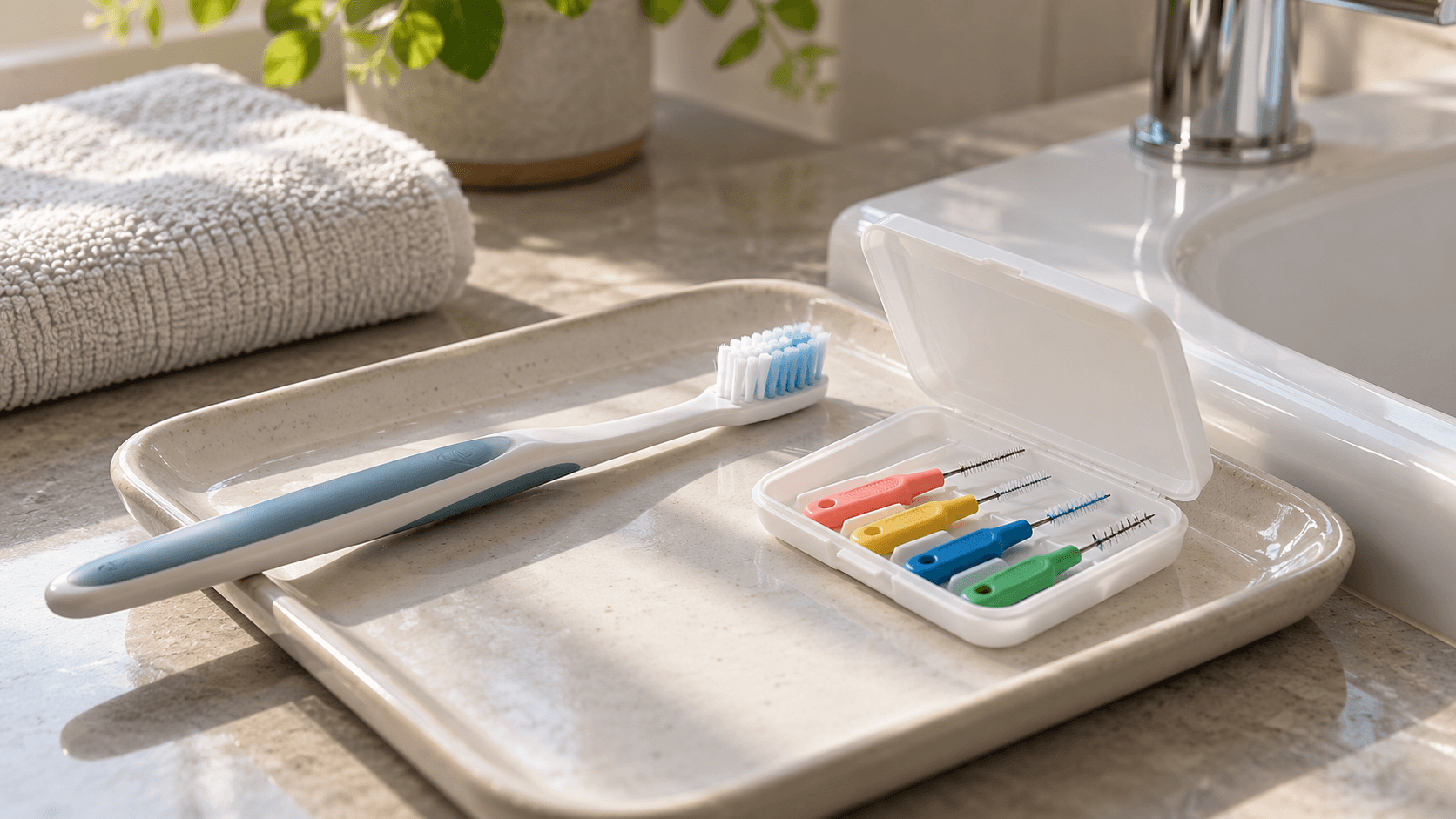 Une brosse à dents et plusieurs brossettes interdentaires sont posées sur un plateau près d’un lavabo.