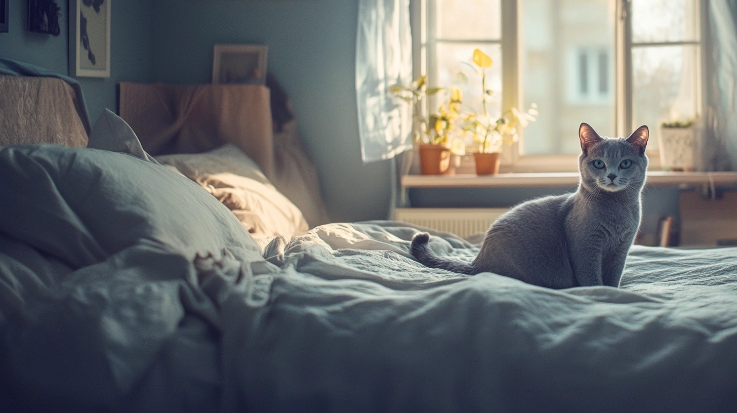 A grey cat on a bed