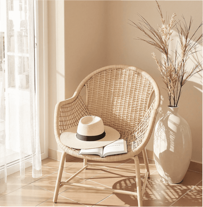A wicker chair with a hat and open book beside a tall vase of dried plants in sunlight.