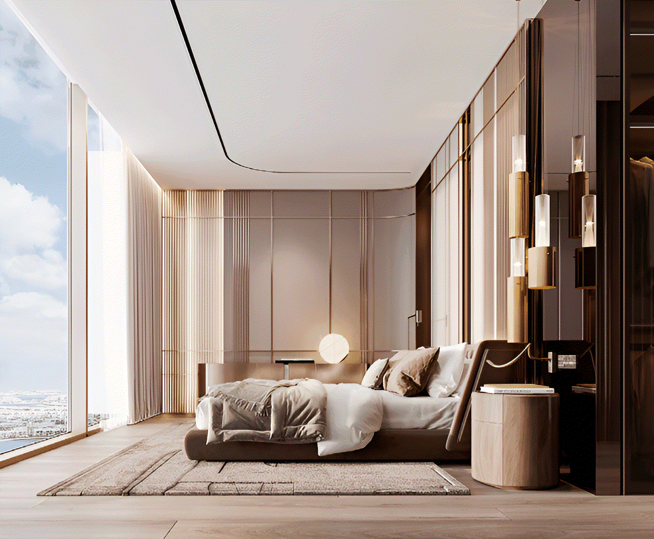 A stylish bedroom featuring a large window with a panoramic view of the city skyline.