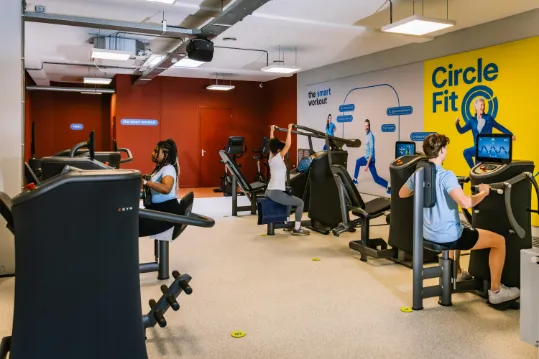 A gym interior with modern equipment.