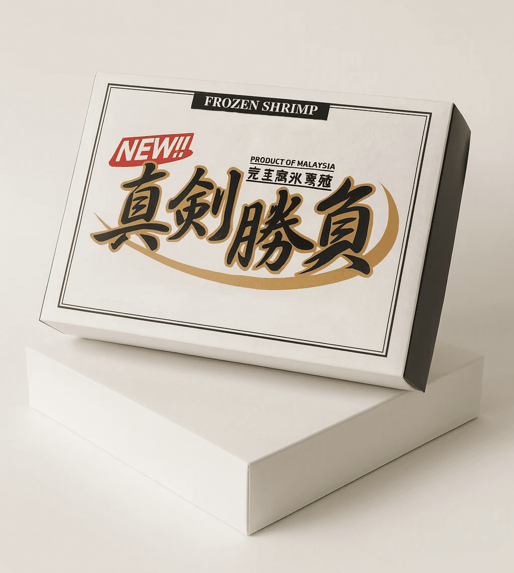 Wax-lined frozen seafood carton for export durability.