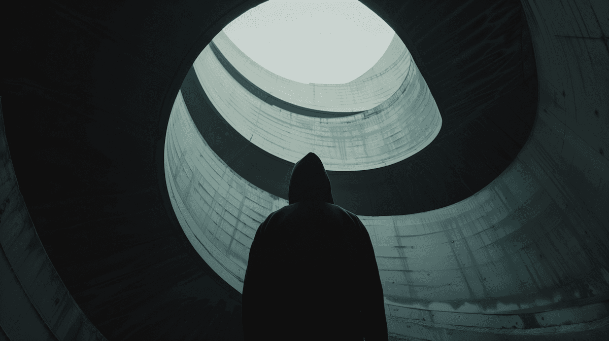 Silhouetted figure in a hoodie stands under a spiraling concrete structure, creating a moody, industrial atmosphere.