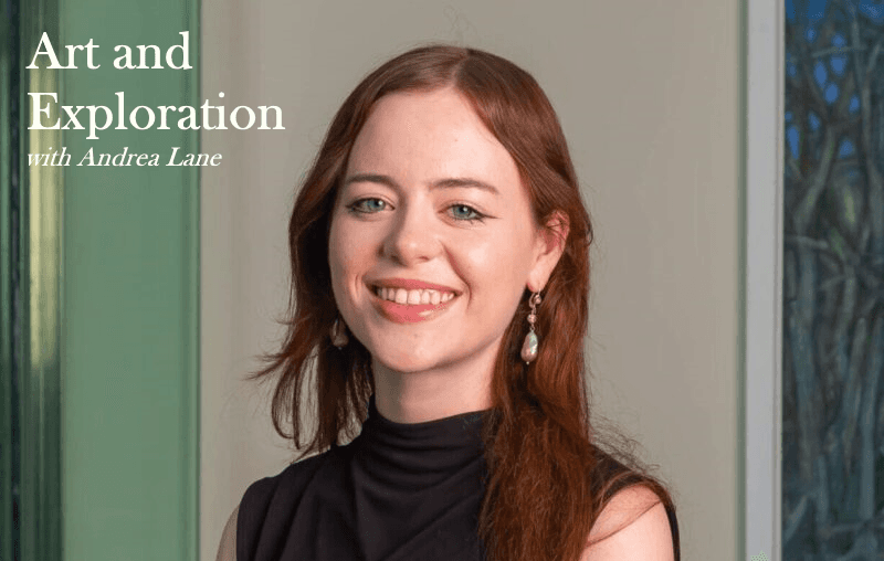 A headshot of curator Emma Sonnier with the title Art and Exploration with Andrea Lane