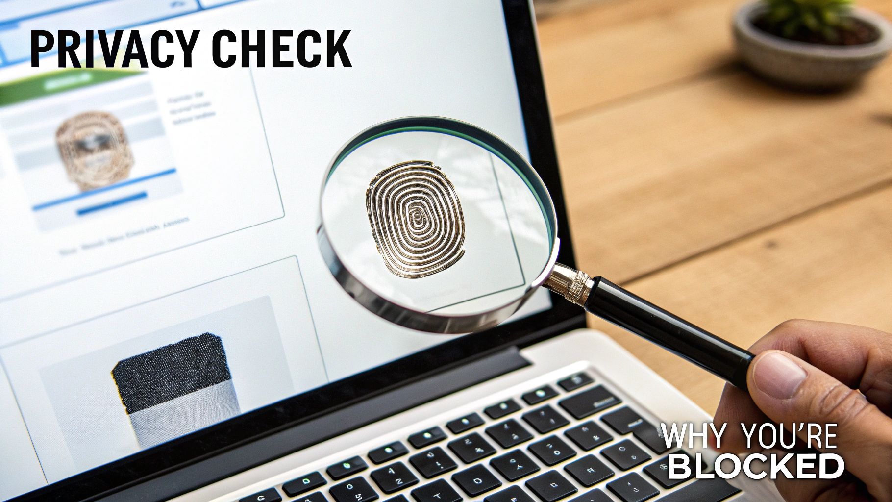 A hand holds a magnifying glass over a laptop screen displaying a magnified fingerprint and 'PRIVACY CHECK' text.
