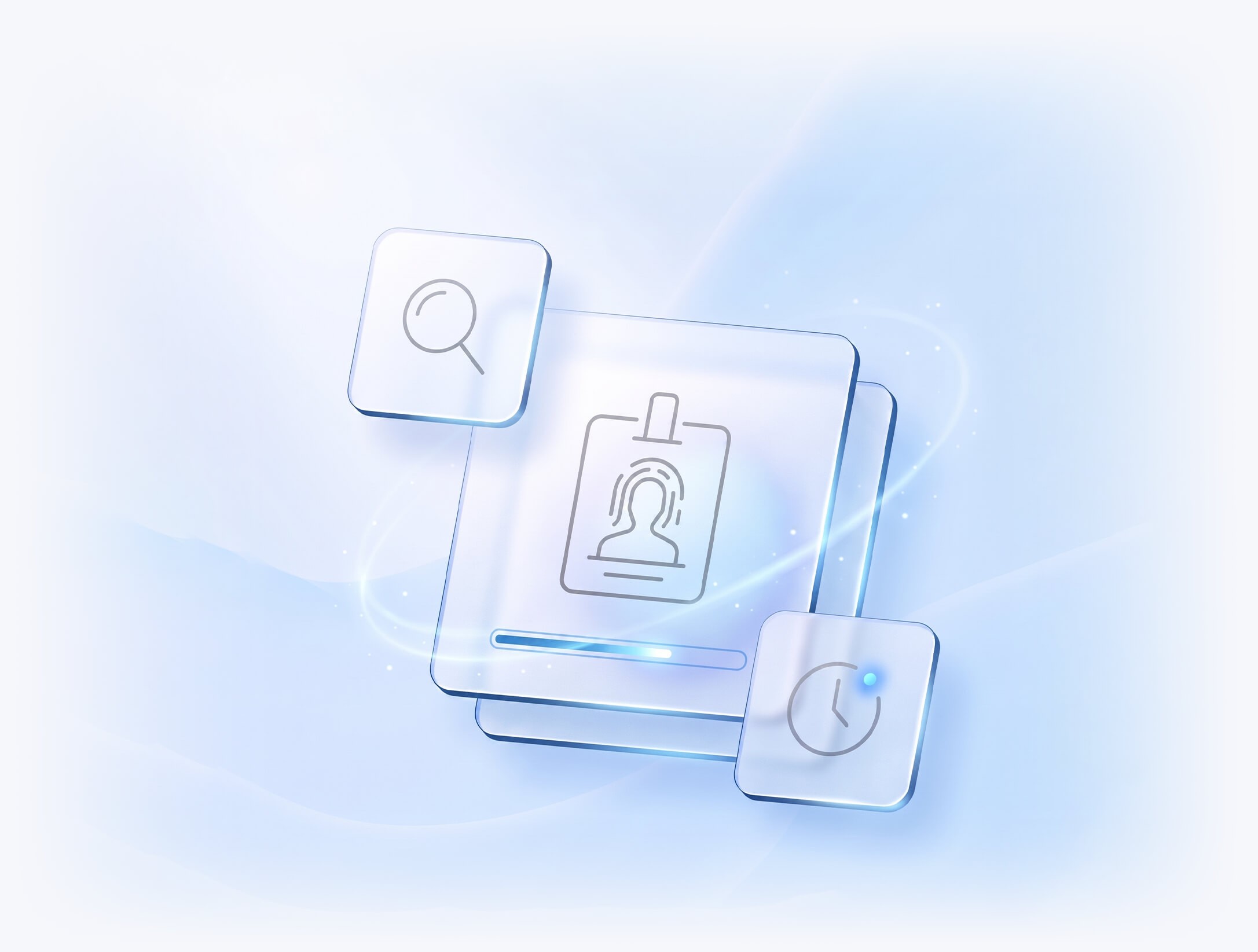 Ilustrație digitală a modulului de evidență pacienți Evolvo: fișă electronică cu date de identificare, căutare rapidă și programare, pe fundal albastru deschis.