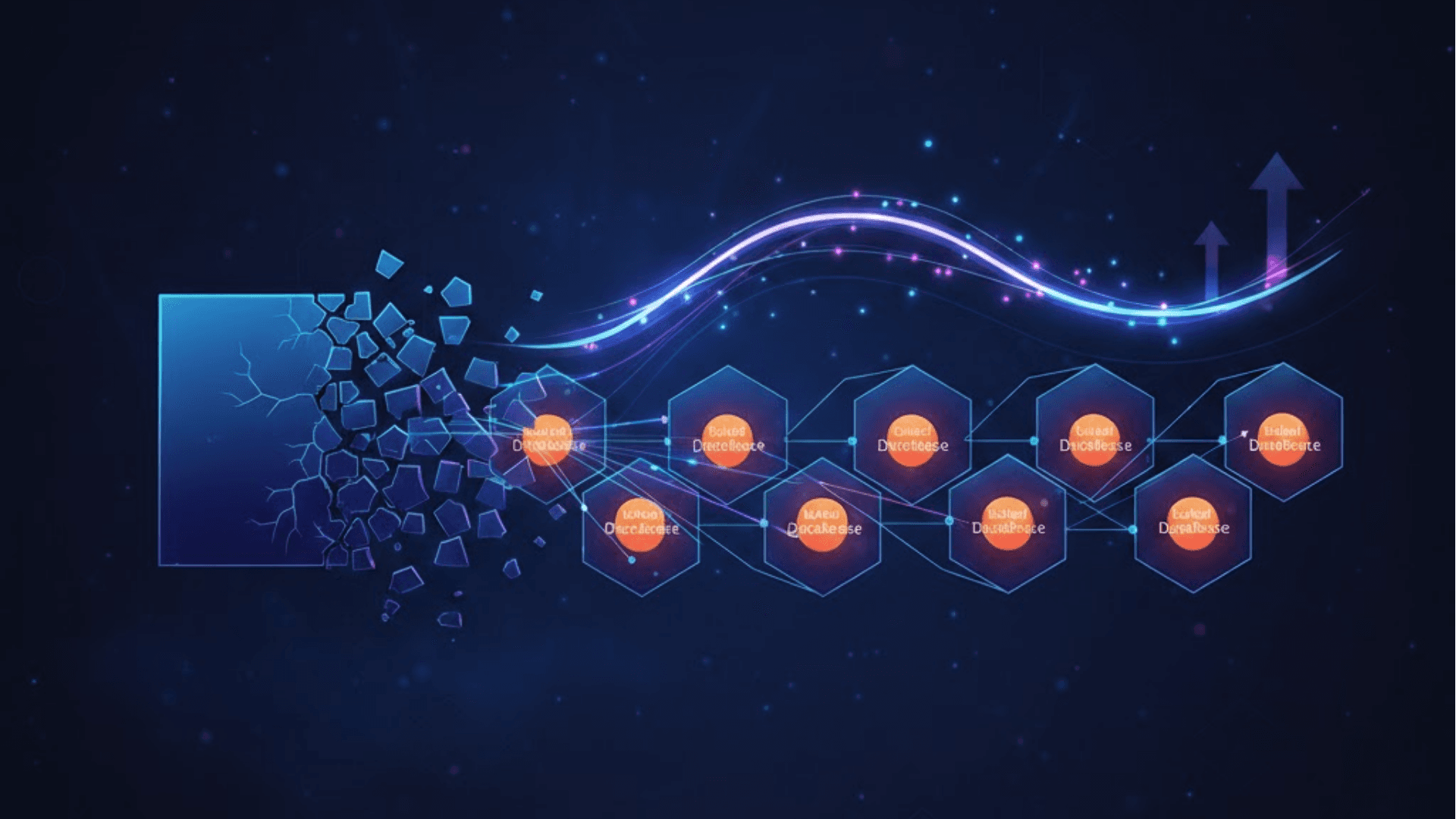 Alt Text An abstract, cinematic 1920x1080 architectural visualization depicting the transition from a monolithic system to microservices. On the left, a dense, glowing blue geometric block fractures into modular shards. These shards evolve into a series of independent hexagonal service nodes on the right, each featuring a distinct, glowing orange data core. A flowing, neon-lit wave of purple and blue light arcs over the nodes, representing a dynamic orchestration layer, set against a dark, futuristic background with high-tech highlights.