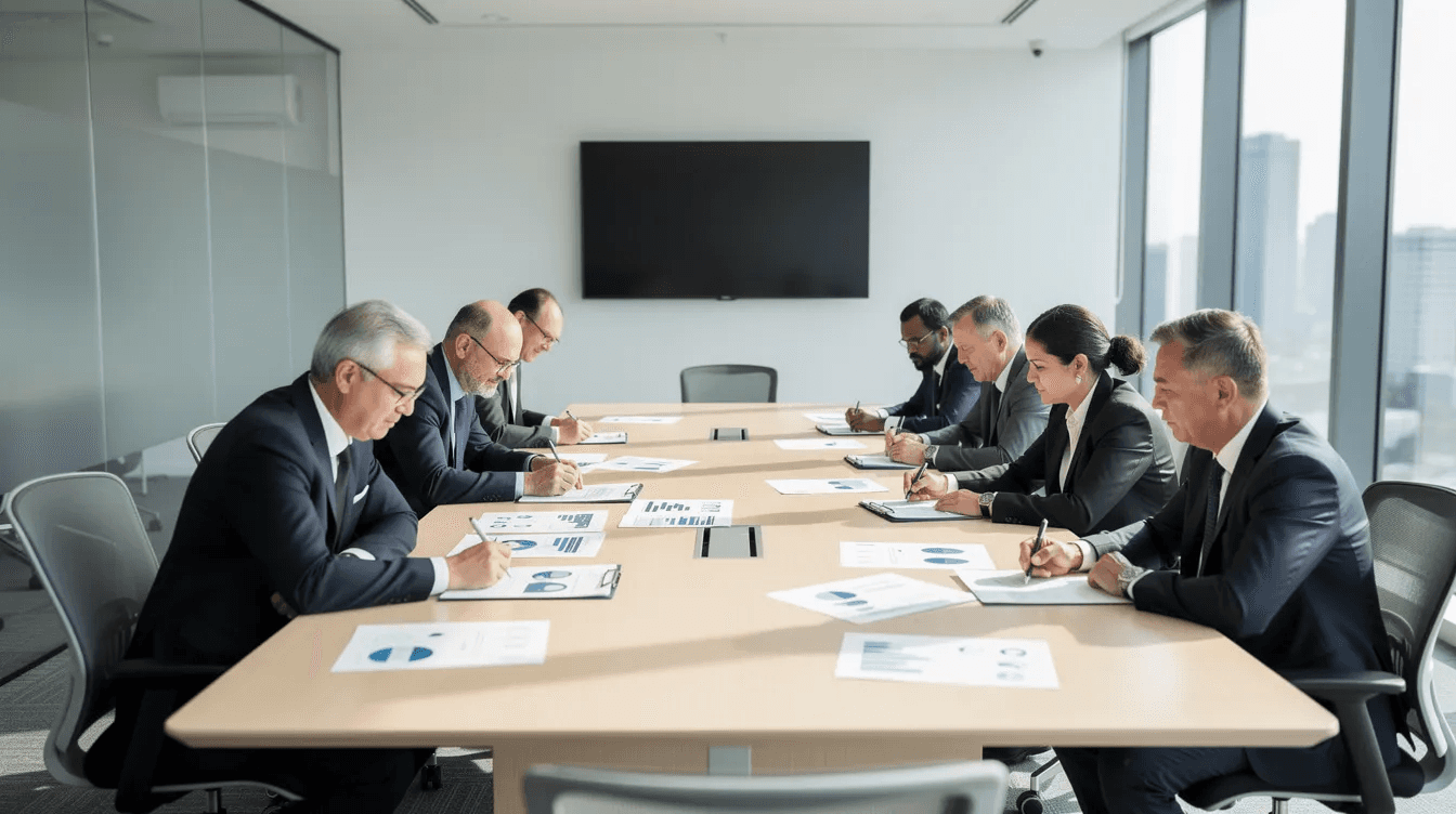 Salle de réunion moderne où des cadres dirigeants examinent des documents — collaboration et communication au cœur d'un projet vidéo réussi