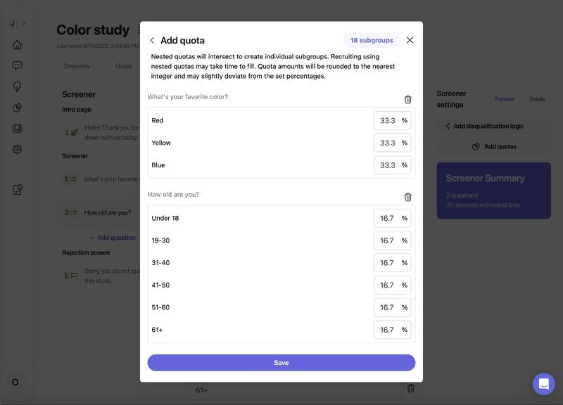 Modal for setting participant quotas by demographics in a research study