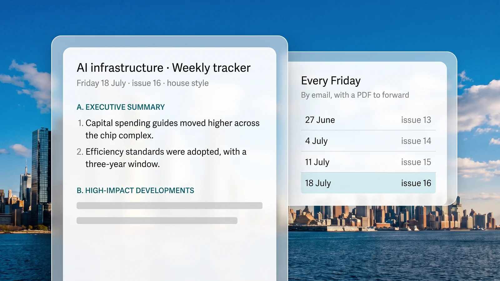 The weekly tracker in the house style with its executive summary first, beside its Friday schedule by email with a PDF
