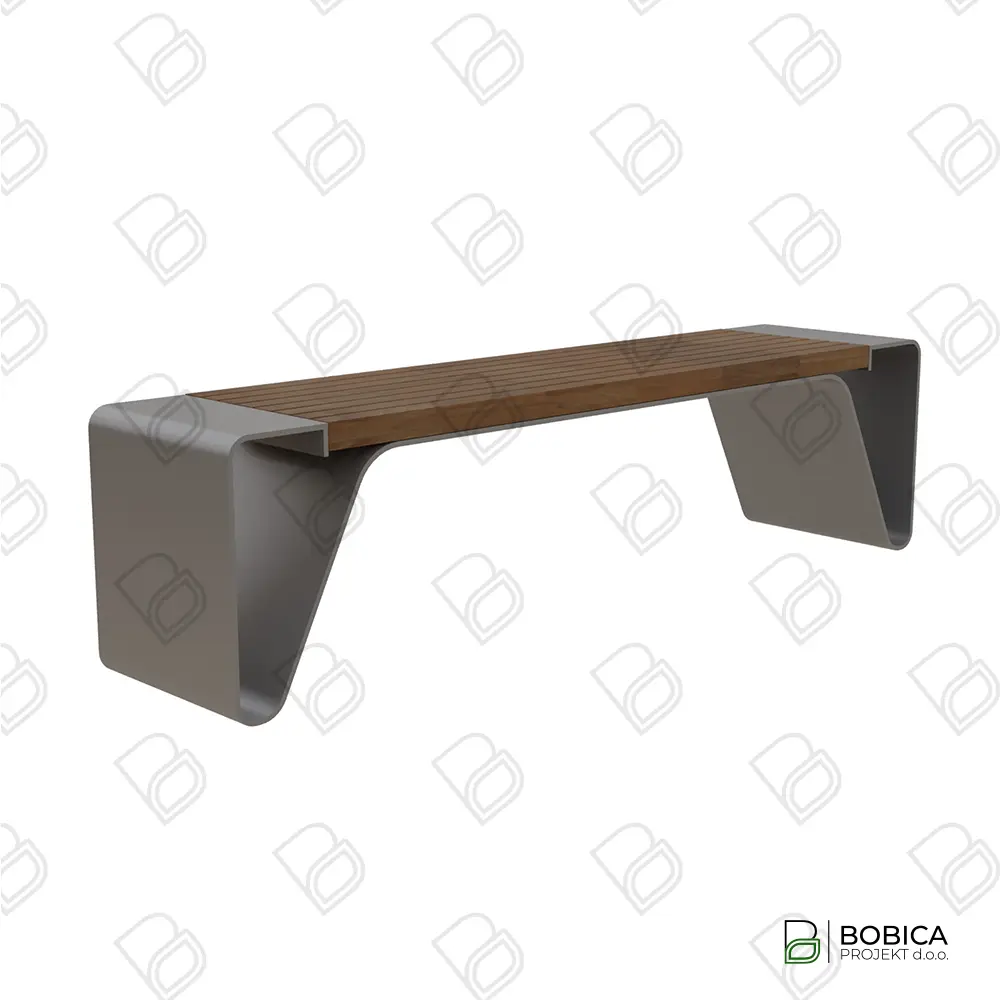 Moderna urbana klupa bez naslona s metalnim bočnim stranicama i drvenim sjedištem – BOBICA PROJEKT