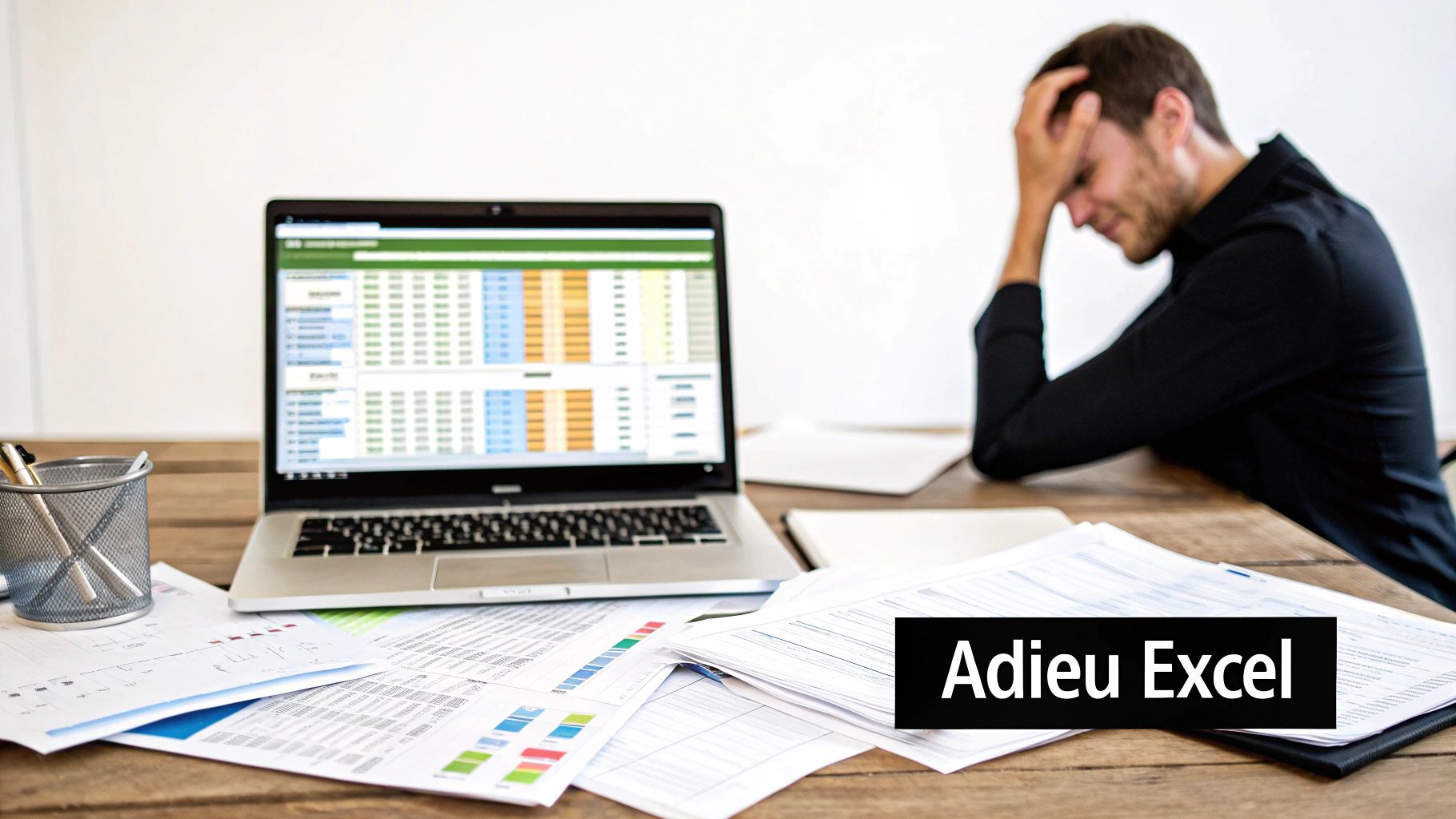 Un homme stressé devant un ordinateur portable affichant un tableur, avec des documents et le texte 'Adieu Excel'.