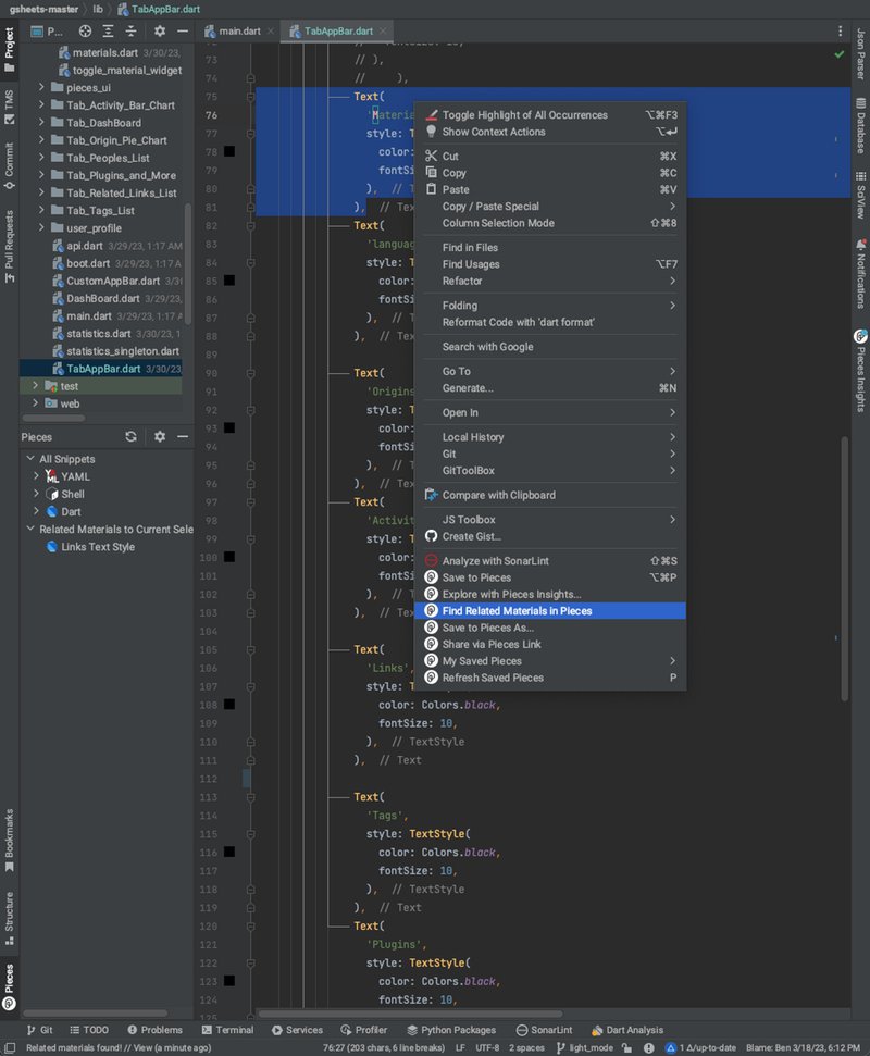 The context menu option to find related materials in Pieces.