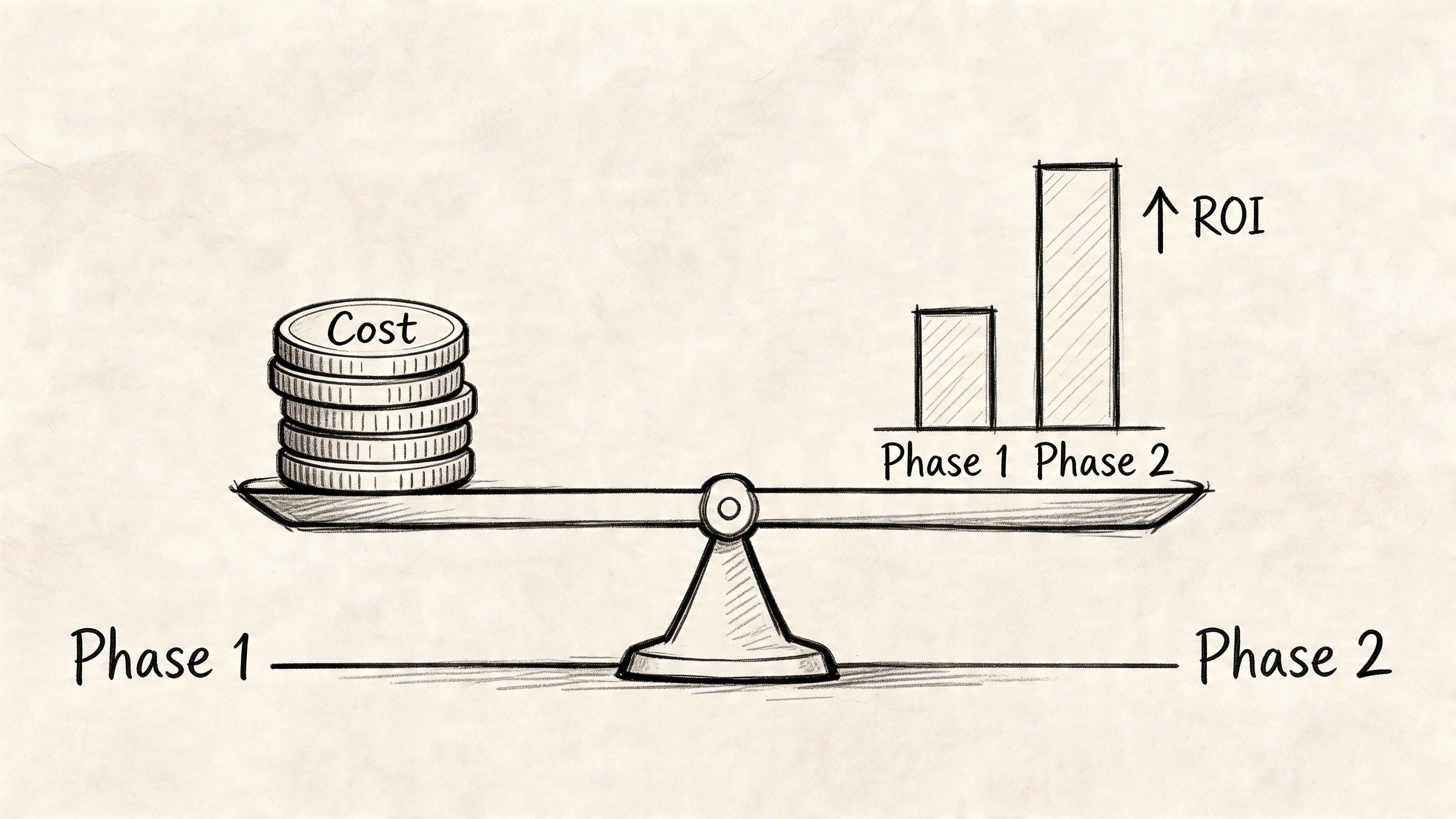 A hand-drawn illustration showing a balance scale weighing cost against increasing ROI over two project phases.