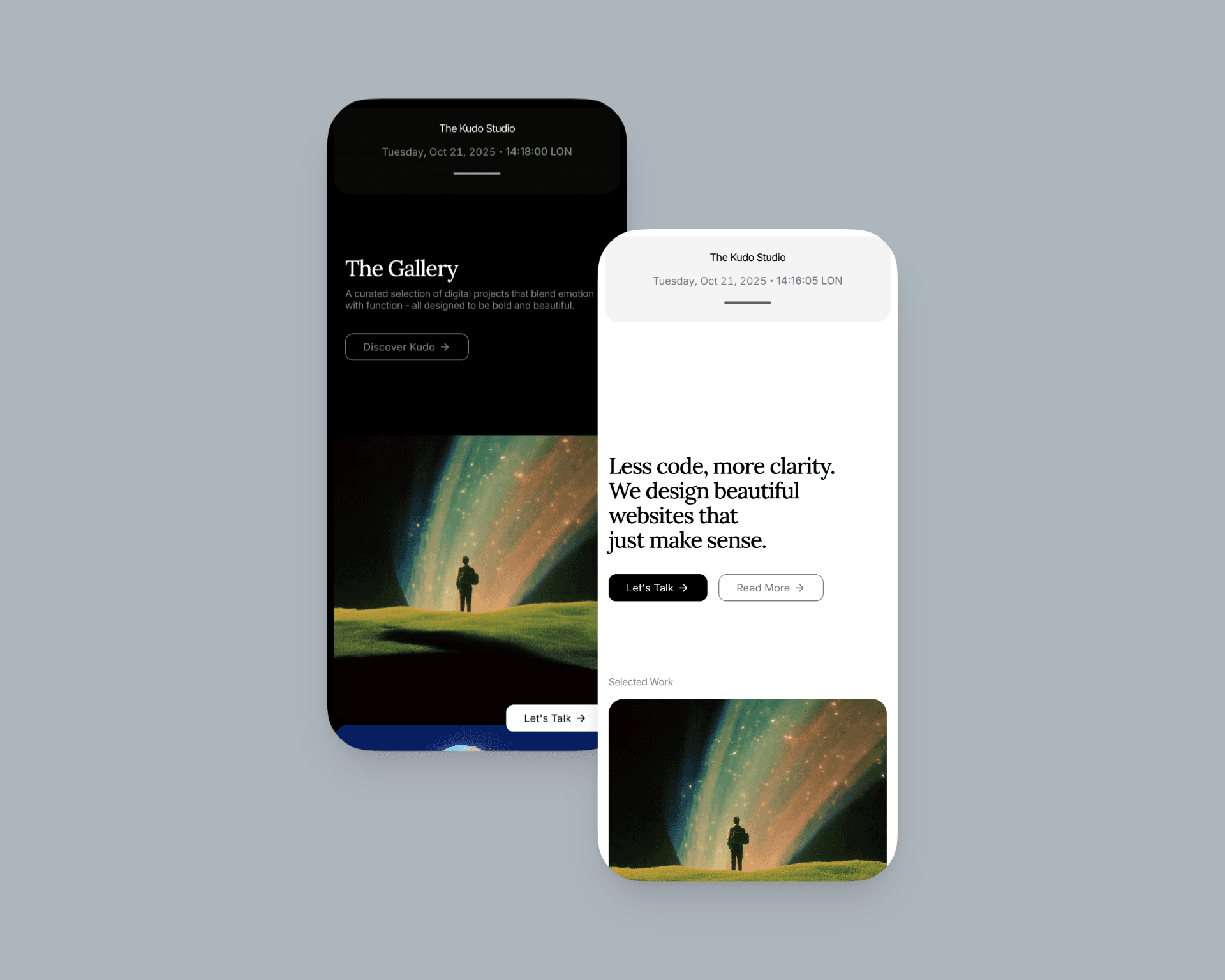 Mobile mockup of The Kudo Studio minimalist website design, showcasing clean typography and a no-code web design layout.