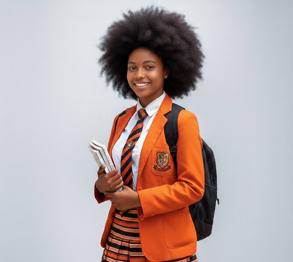 a woman standing in front of a yellow school bus