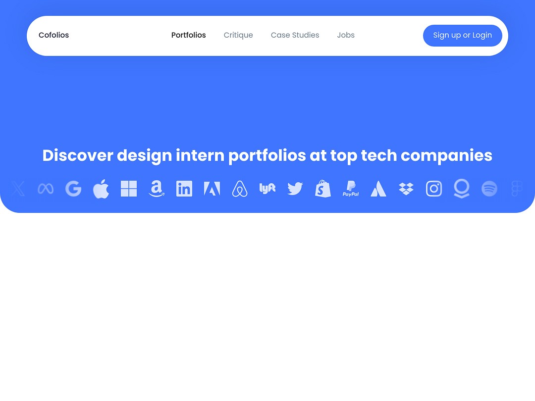 Web page showcasing design intern portfolios for top tech companies.