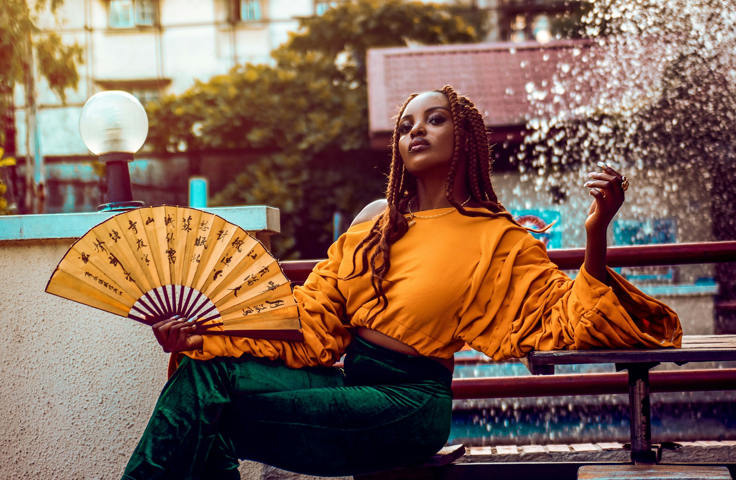 woman enjoying on bench - Yellow Color Combinations Clothing