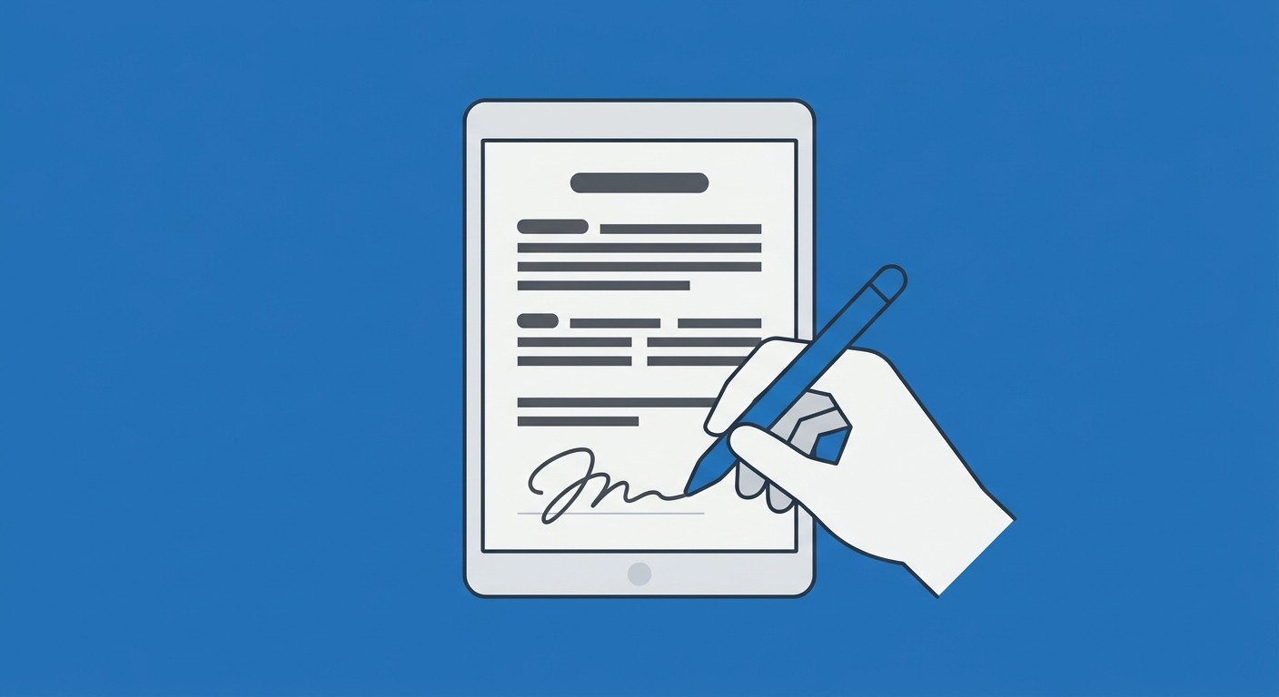 Ilustração de uma mão usando uma caneta digital para assinar um contrato exibido na tela de um tablet, sobre fundo azul