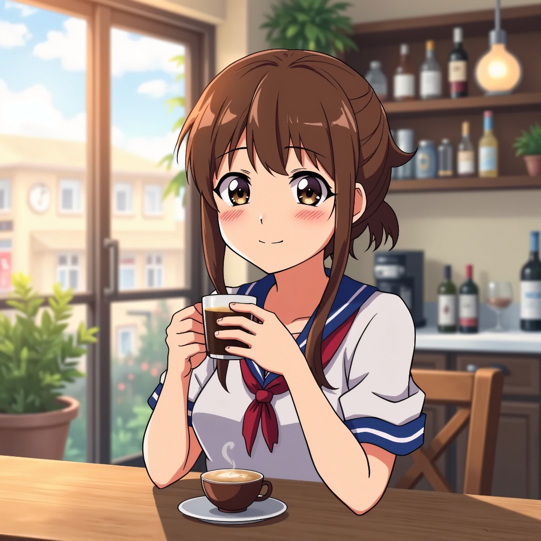 Anime female character dressed with a school uniform in a coffee shop drinking a cup of coffee. Image generated by AI