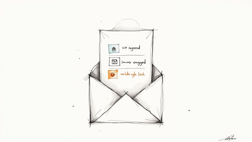 A hand-drawn sketch of an open envelope revealing a document with a list of content items.