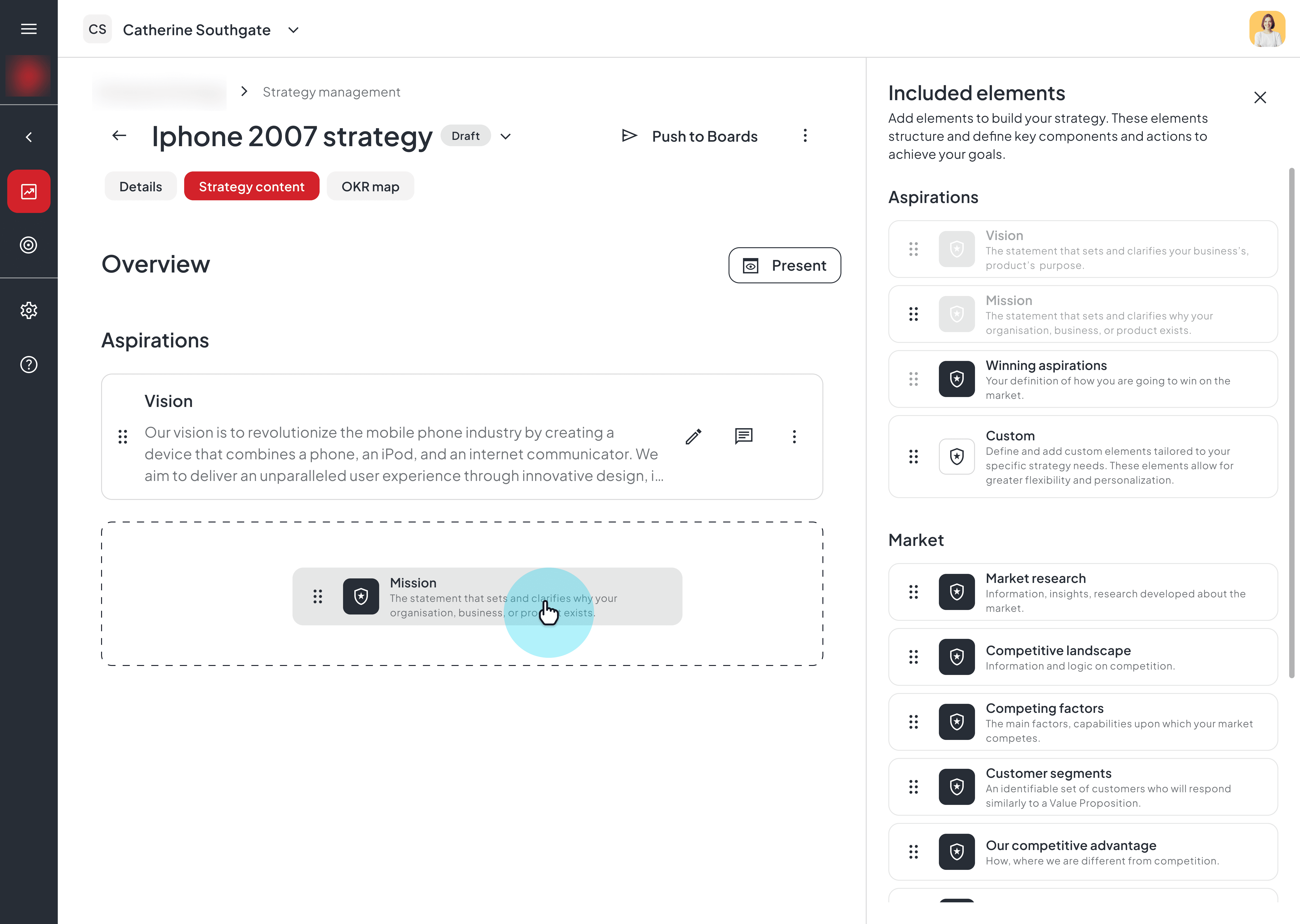 Strategy builder application drag and drop elements