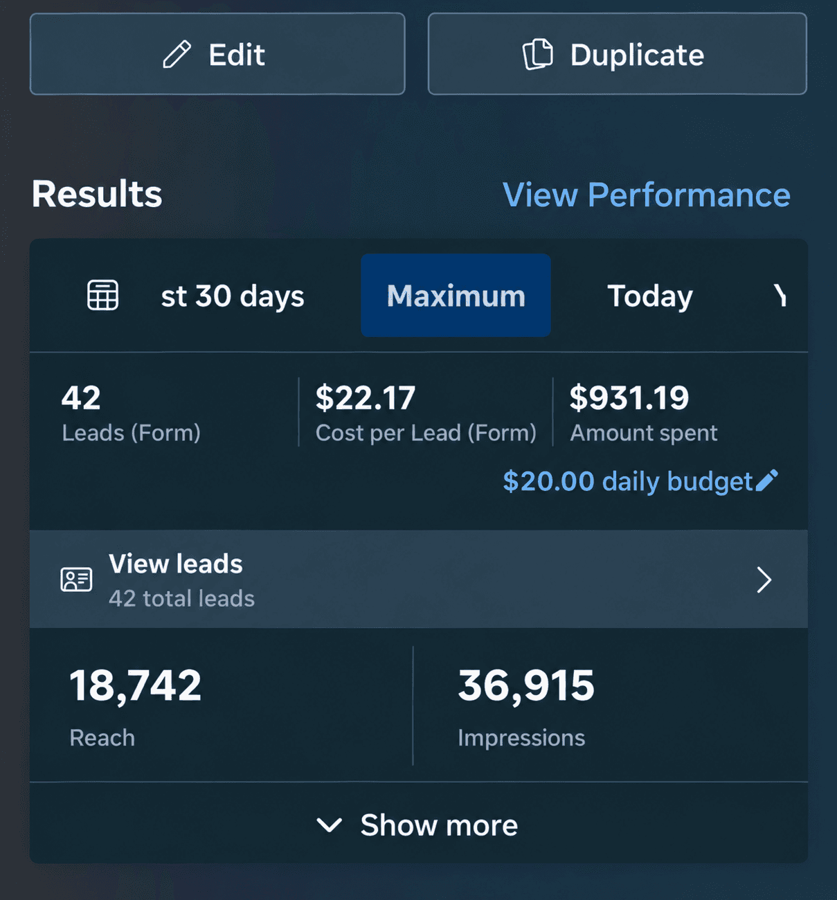 42 form leads · $22.17 per lead · $931.19 spend