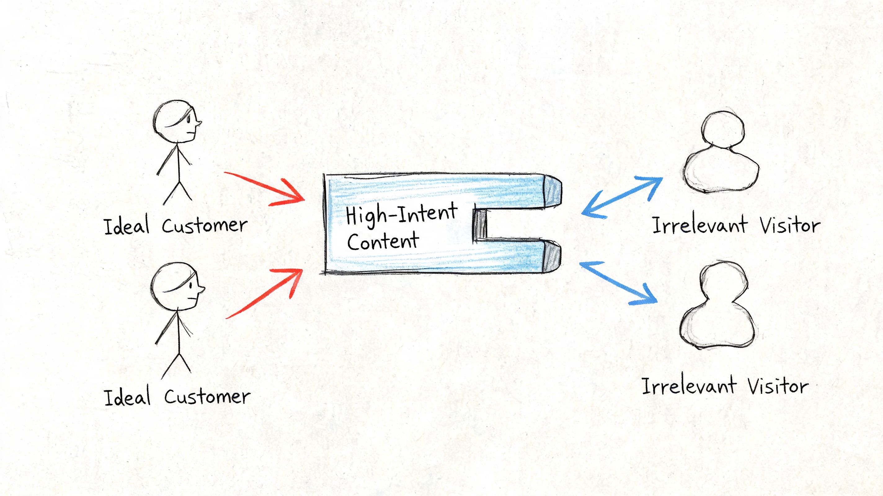 A diagram illustrating how high-intent content attracts ideal customers while repelling irrelevant visitors.