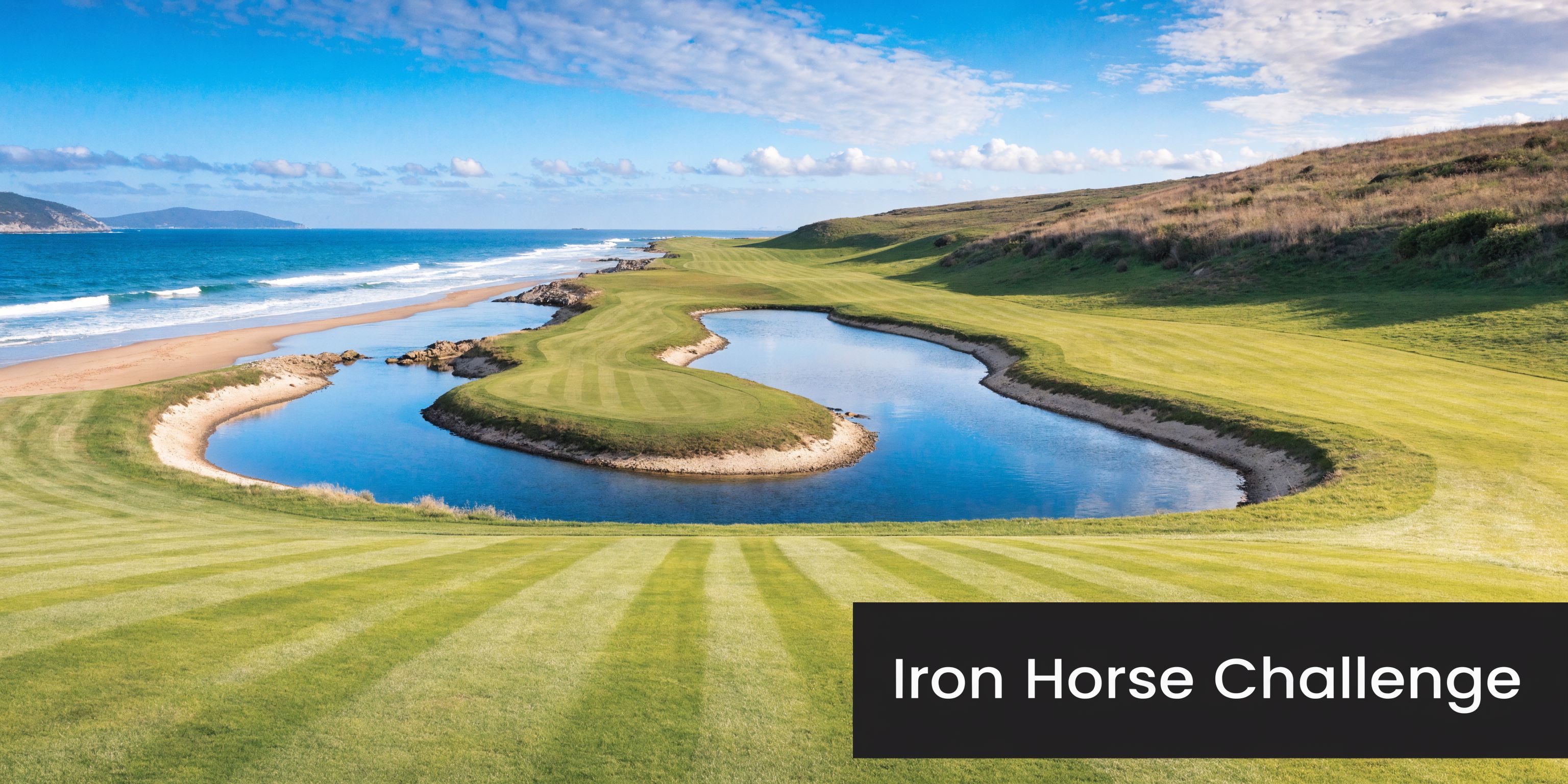 A scenic view of a coastal golf course hole featuring a green surrounded by water and ocean.