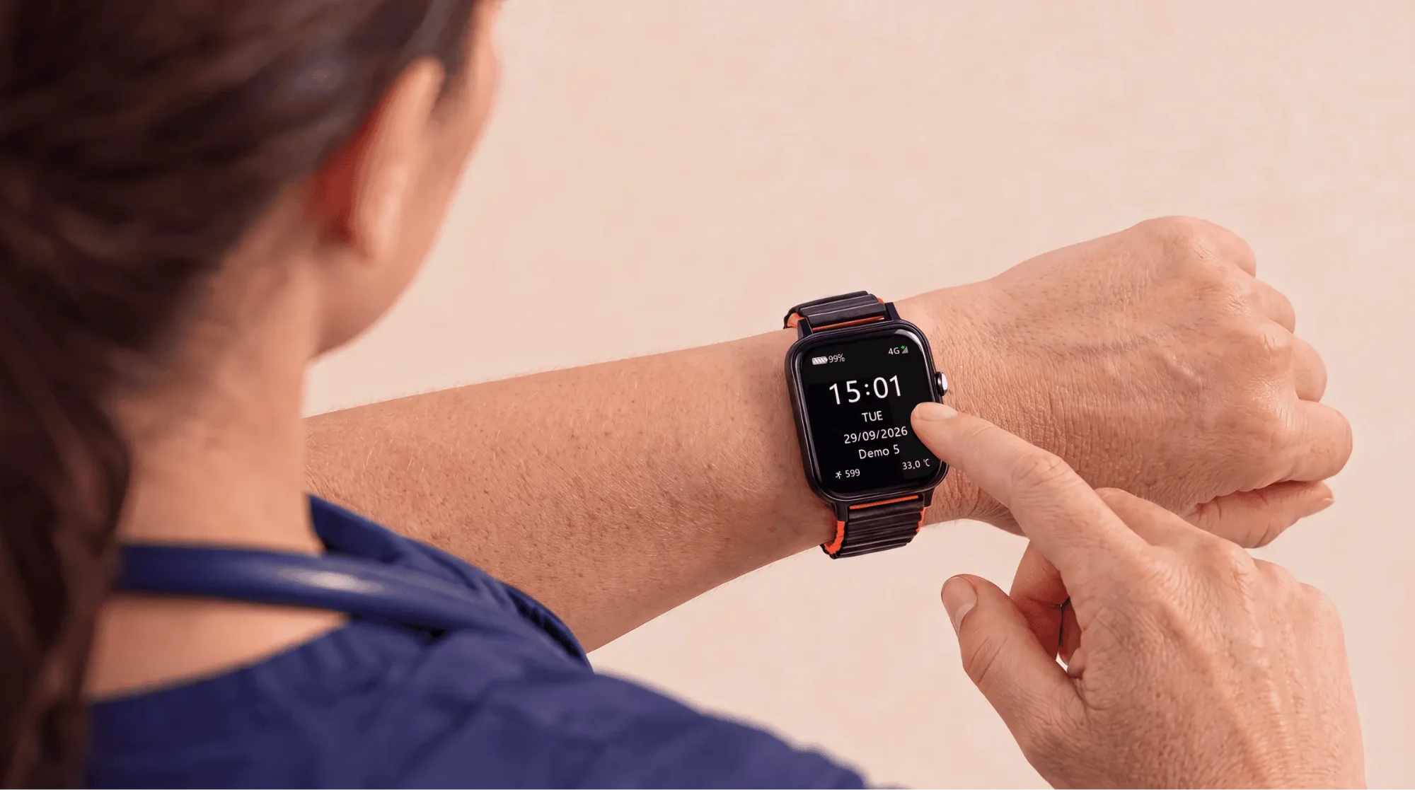 Nurse checking the SkyTrack XT901 watch on her wrist