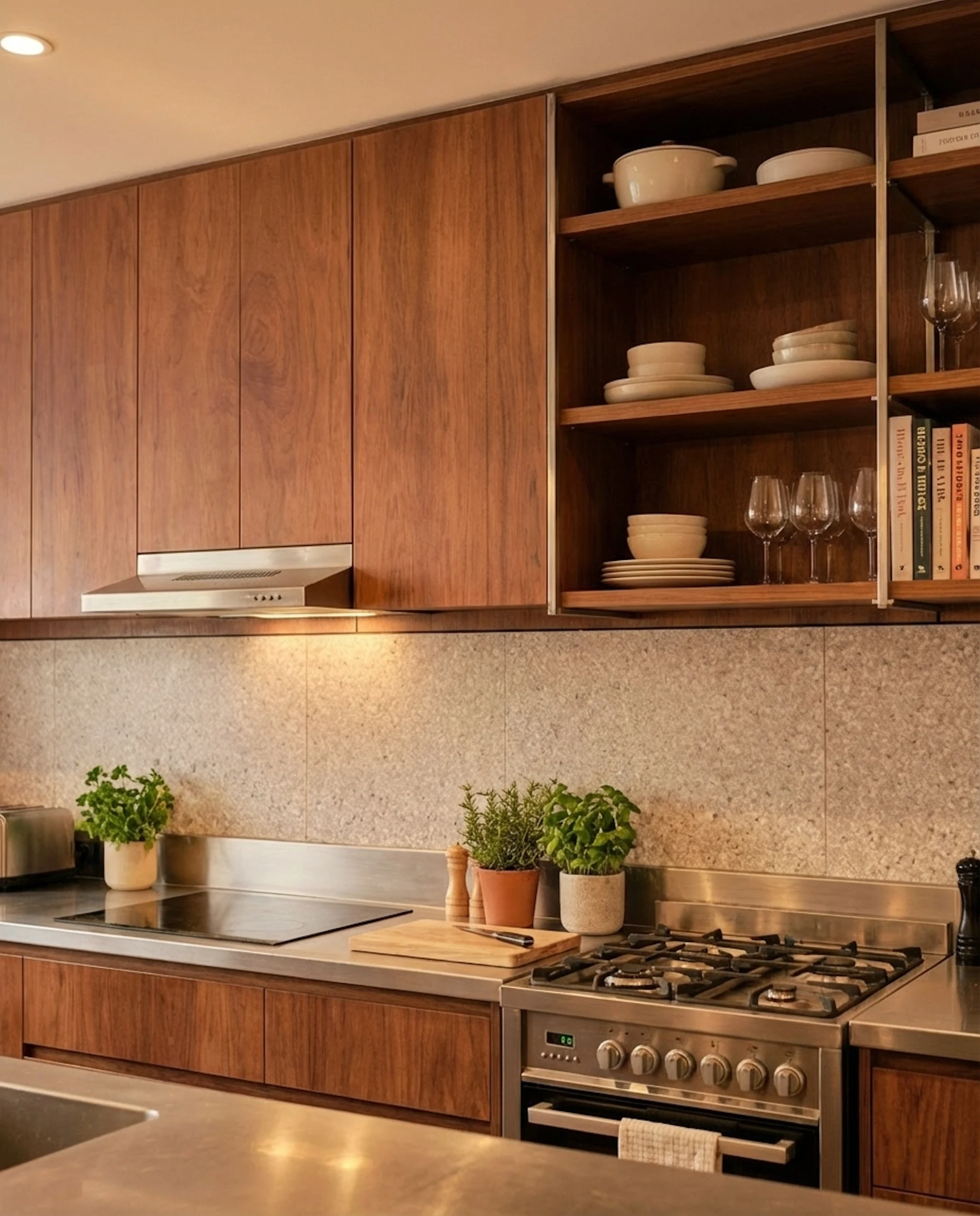 Warm wood kitchen cabinetry with minimalist open shelving and ceramic dishware.