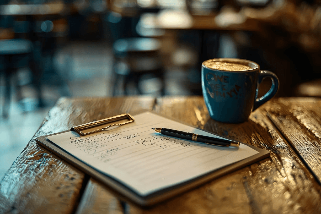 A pen on a clipboard with notes sits on a wooden café table beside a blue mug. Blurred chairs in the background suggest a cozy setting.