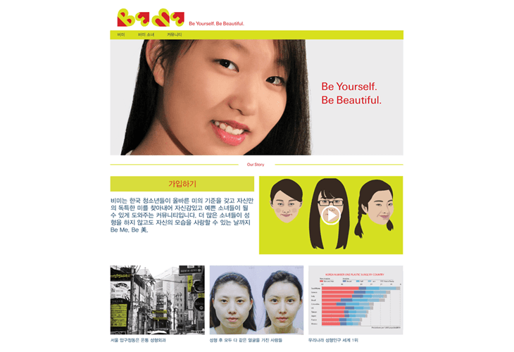 A Korean website page titled “Be Yourself. Be Beautiful.” features a woman’s face with red lipstick and a yellow banner at the top. The page includes Korean text, a green banner with three stylized faces, a bar graph showing plastic usage by country, and a photo of a street scene.