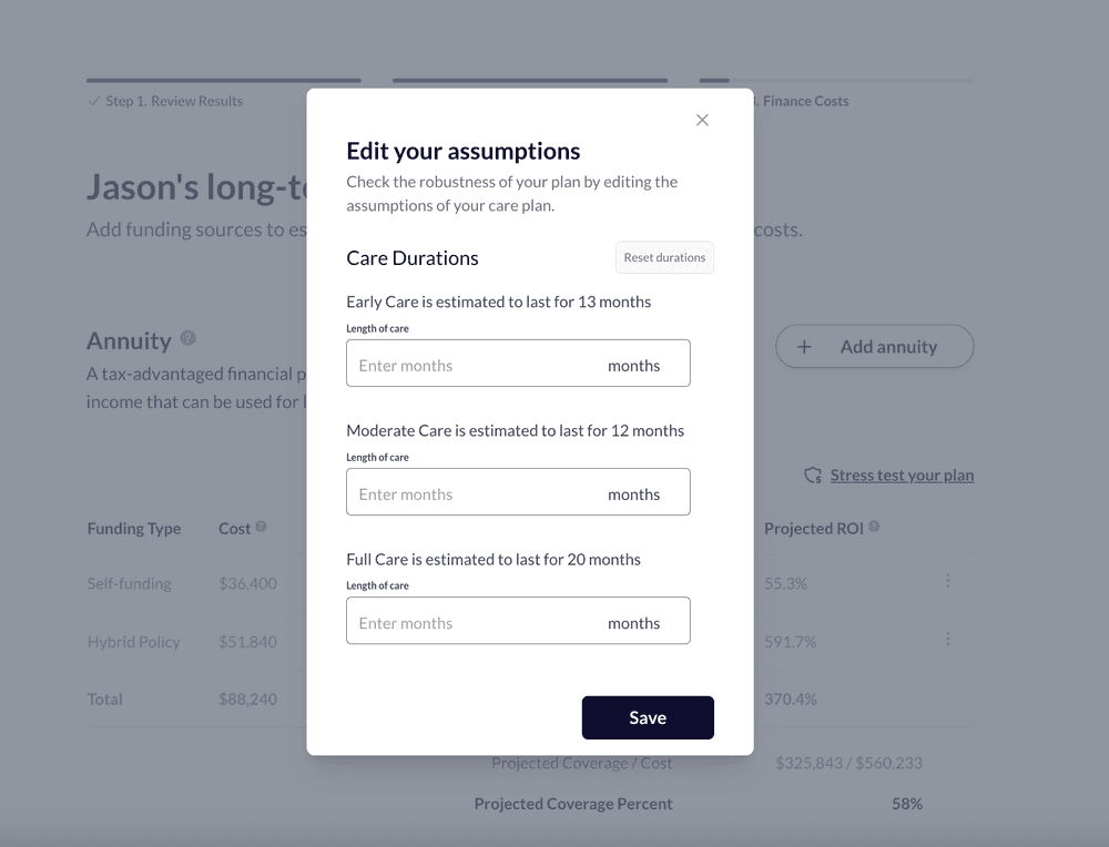 Example screenshot of Waterlily's funding analysis. These are for visualization purposes, this screenshot is not taken from Susie's plan.