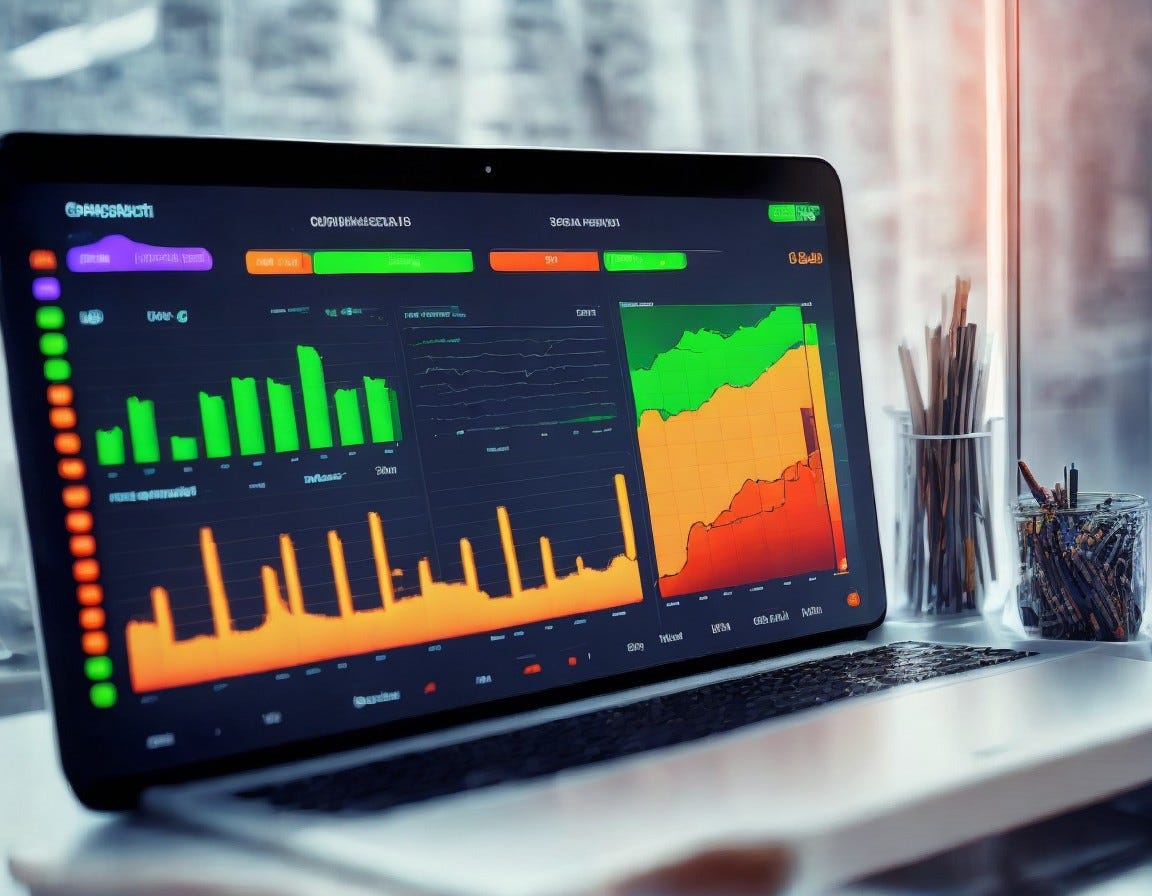 Laptop on a desk displaying colorful data analytics dashboard with various charts and graphs, including bar graphs and line charts indicating performance metrics, next to a holder with pencils, all in an office environment with a blurred background