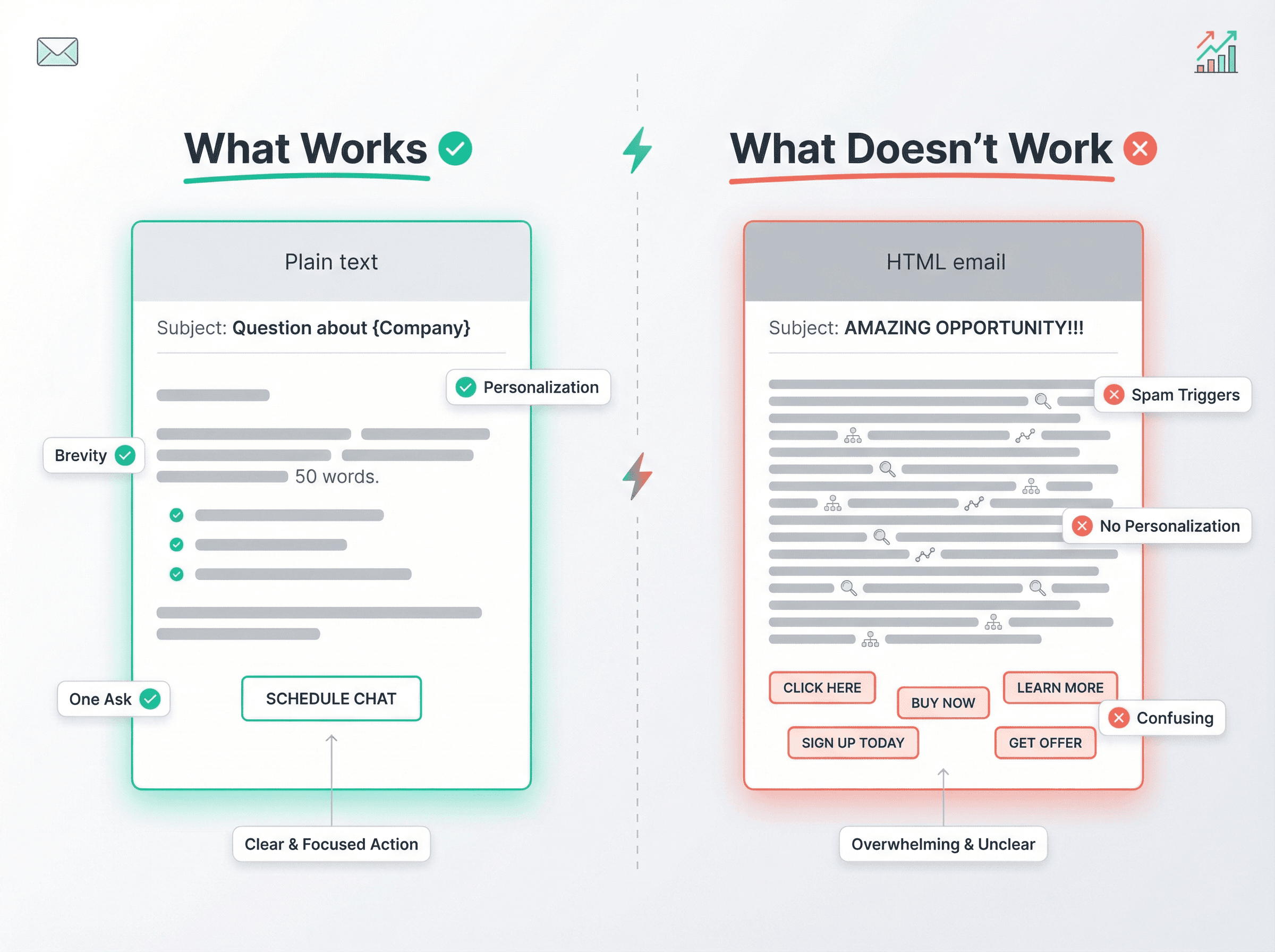 Split-panel comparison showing effective cold email copywriting techniques versus common mistakes
