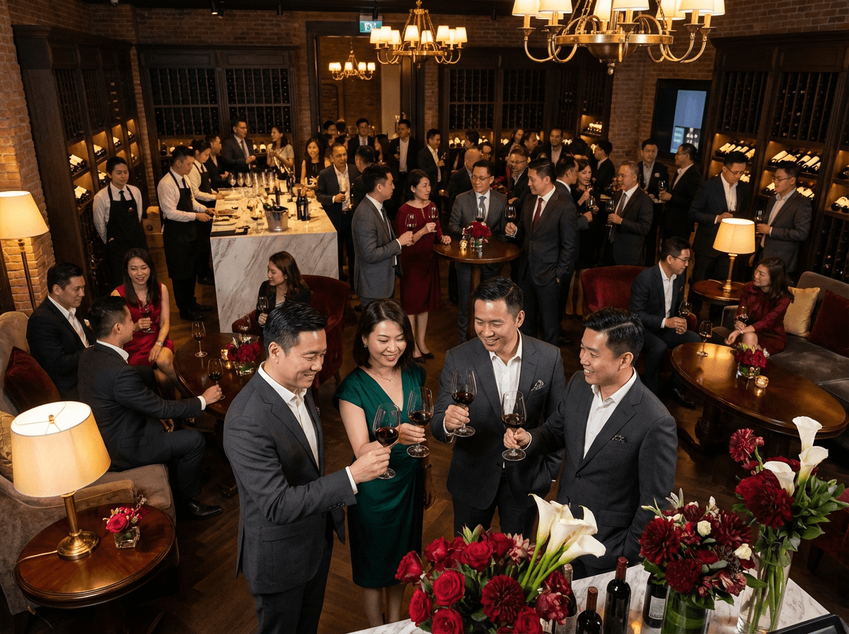 香港商務引流酒會現場，專業人士於高級酒窖交流，中小型私人獲客活動統籌服務。