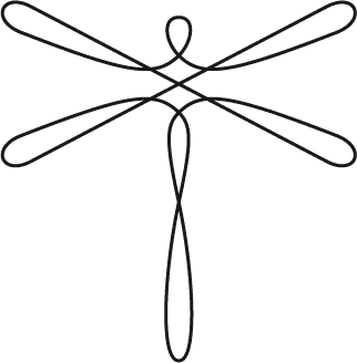 Black and white line art illustration of a dragonfly formed with just one line going in circles.