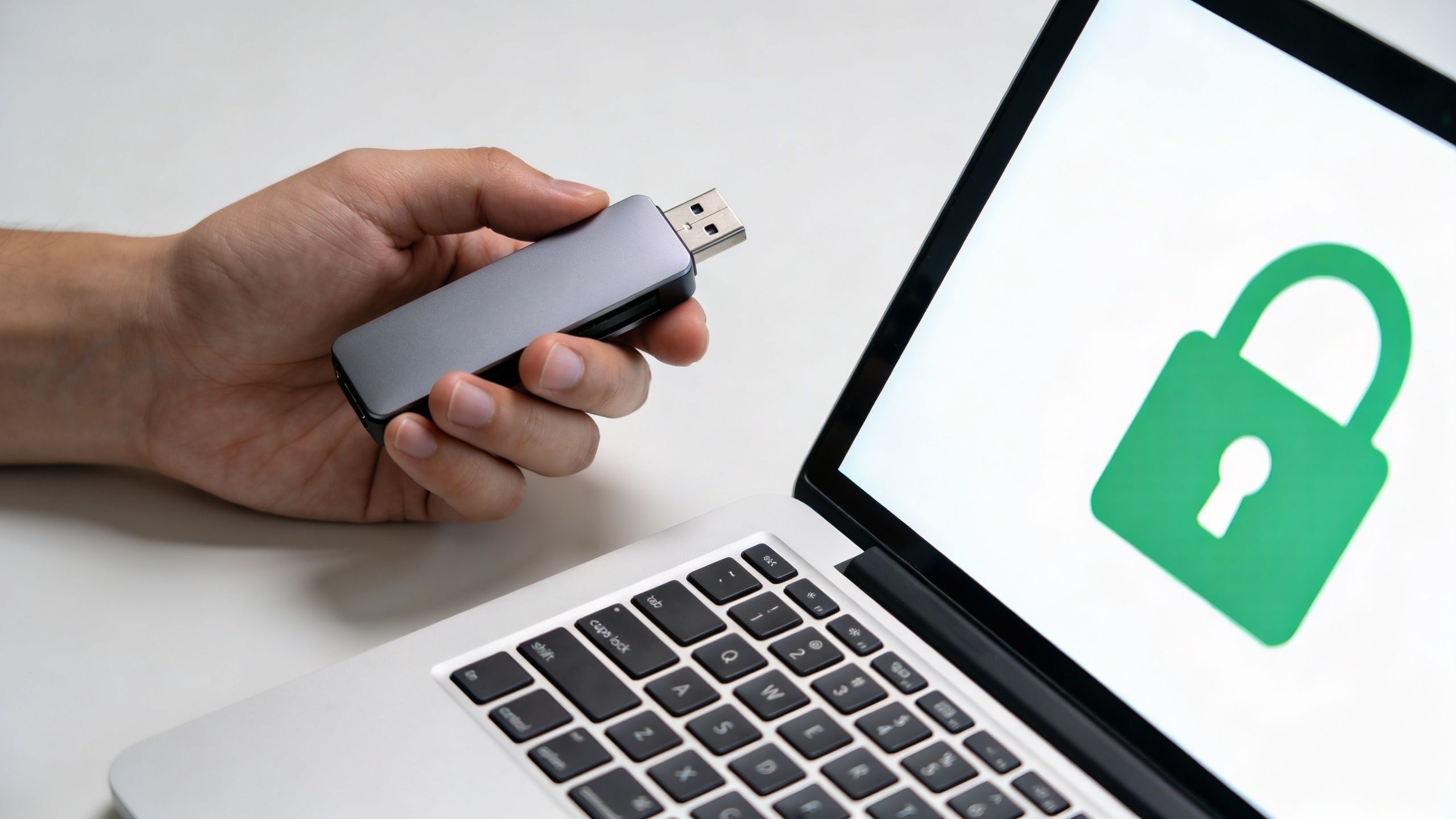 A hand holding a USB security key near a laptop displaying a green padlock icon for cybersecurity.
