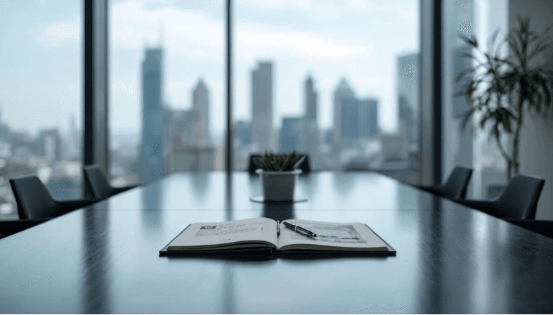 Mesa de reunião corporativa com caderno aberto e caneta, simbolizando planejamento, governança e tomada de decisão estratégica no contexto da agenda ESG.