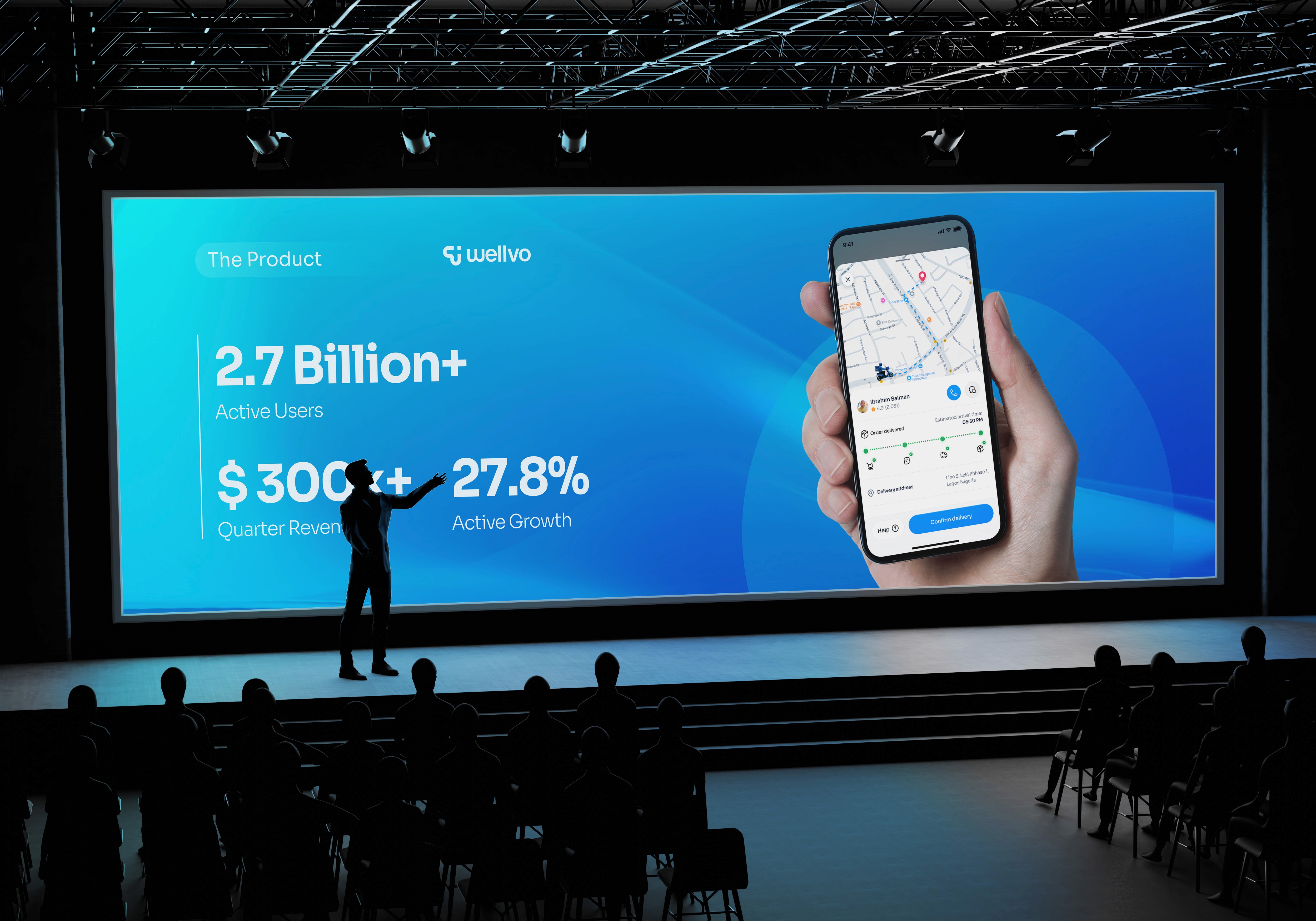 Large stage screen displaying product growth statistics and a mobile app interface