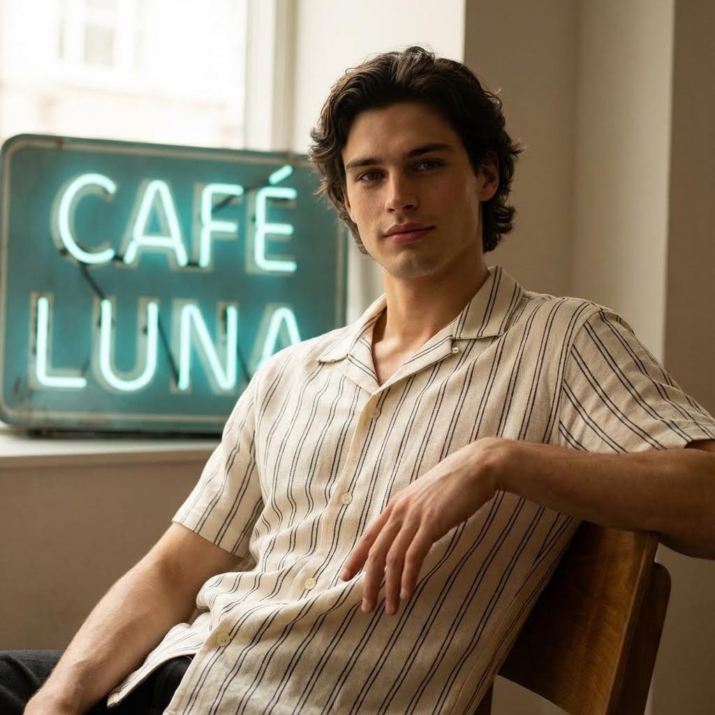 "Ultra-realistic, high-resolution portrait of a 21 years old young Indian man sitting casually in a relaxed pose indoors, with a turquoise-blue vintage café sign in the background... dressed in an off-white short-sleeve shirt with thin vertical dark stripes. Lighting is soft and diffused, with warm tones and natural shadows for a cinematic, fashion-magazine vibe."