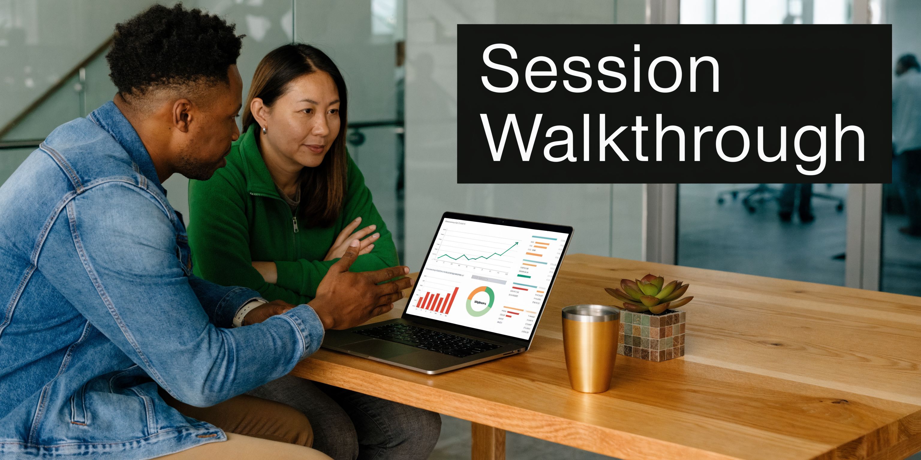 A professional man and woman looking at a laptop computer displaying business charts during a meeting.