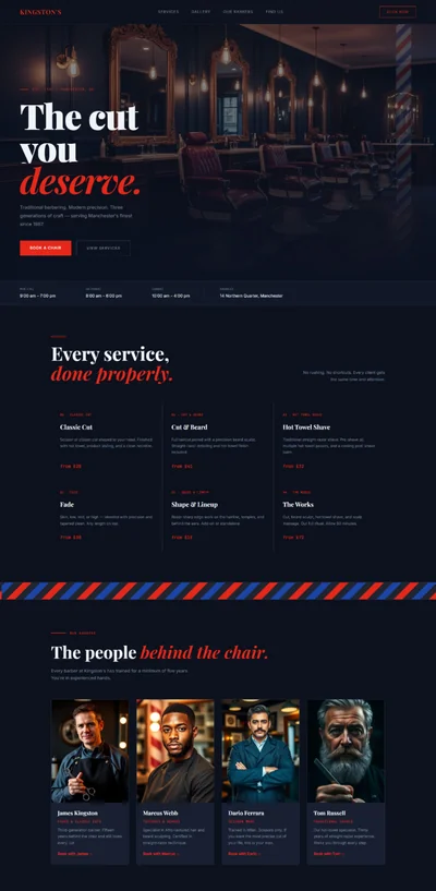 Barber shop website prompt — deep navy and barber pole red classic barbershop design preview