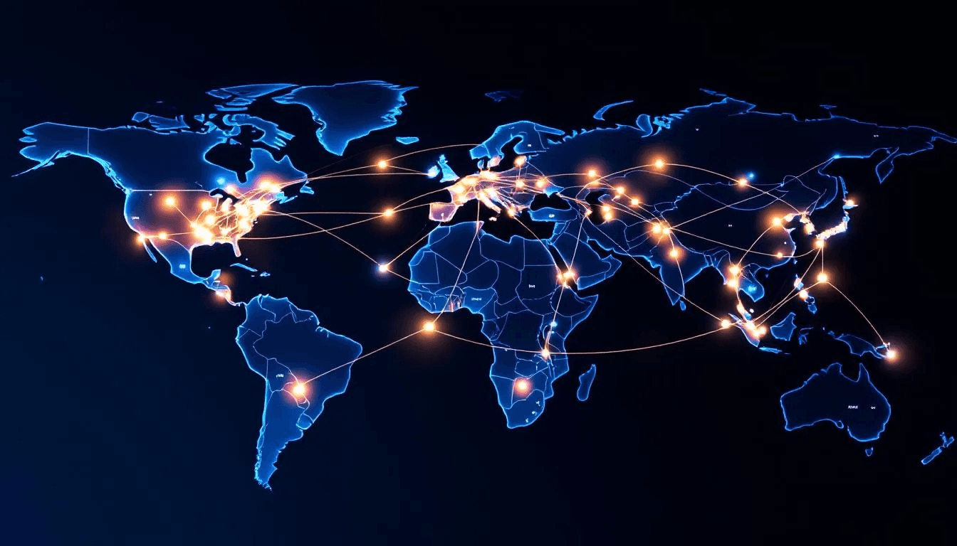 The image depicts a global network map illustrating the lightning payment routing paths across continents, highlighting the decentralized network of payment channels that enable faster and cheaper transactions through the bitcoin lightning network. This routing system facilitates instant settlement and peer-to-peer payments, showcasing the potential for cross-border transactions and increased network capacity.