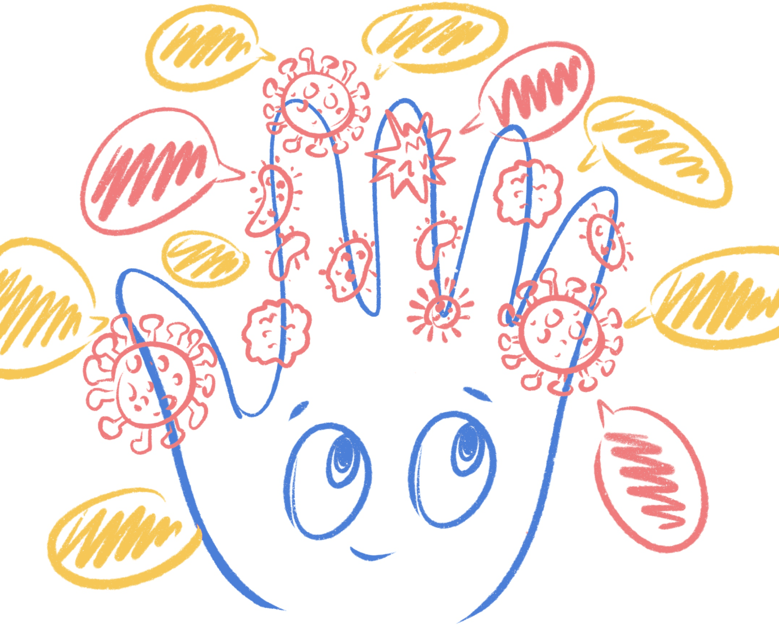 手掌上画有表情的细菌