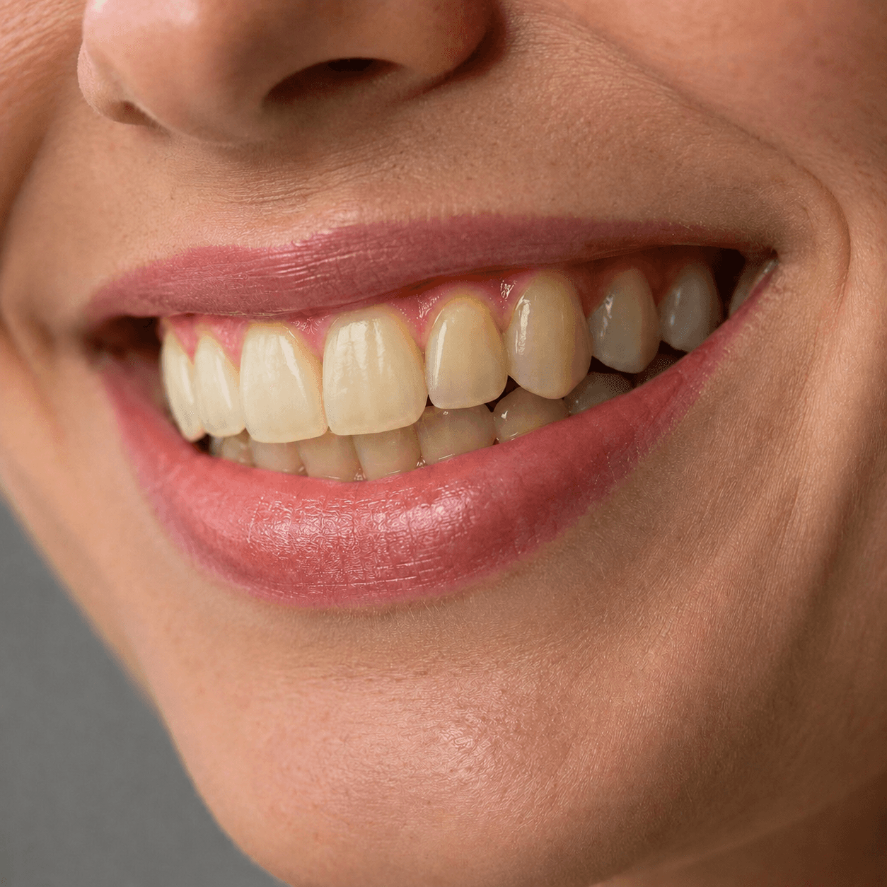 Close-up of smile showing yellowed teeth